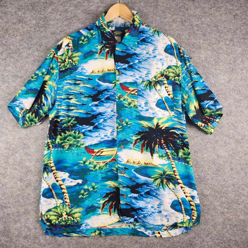 VTG Utility Hawaiian Shirt Men M Blue Tropical Island Rayon Dark Palm Trees 90s